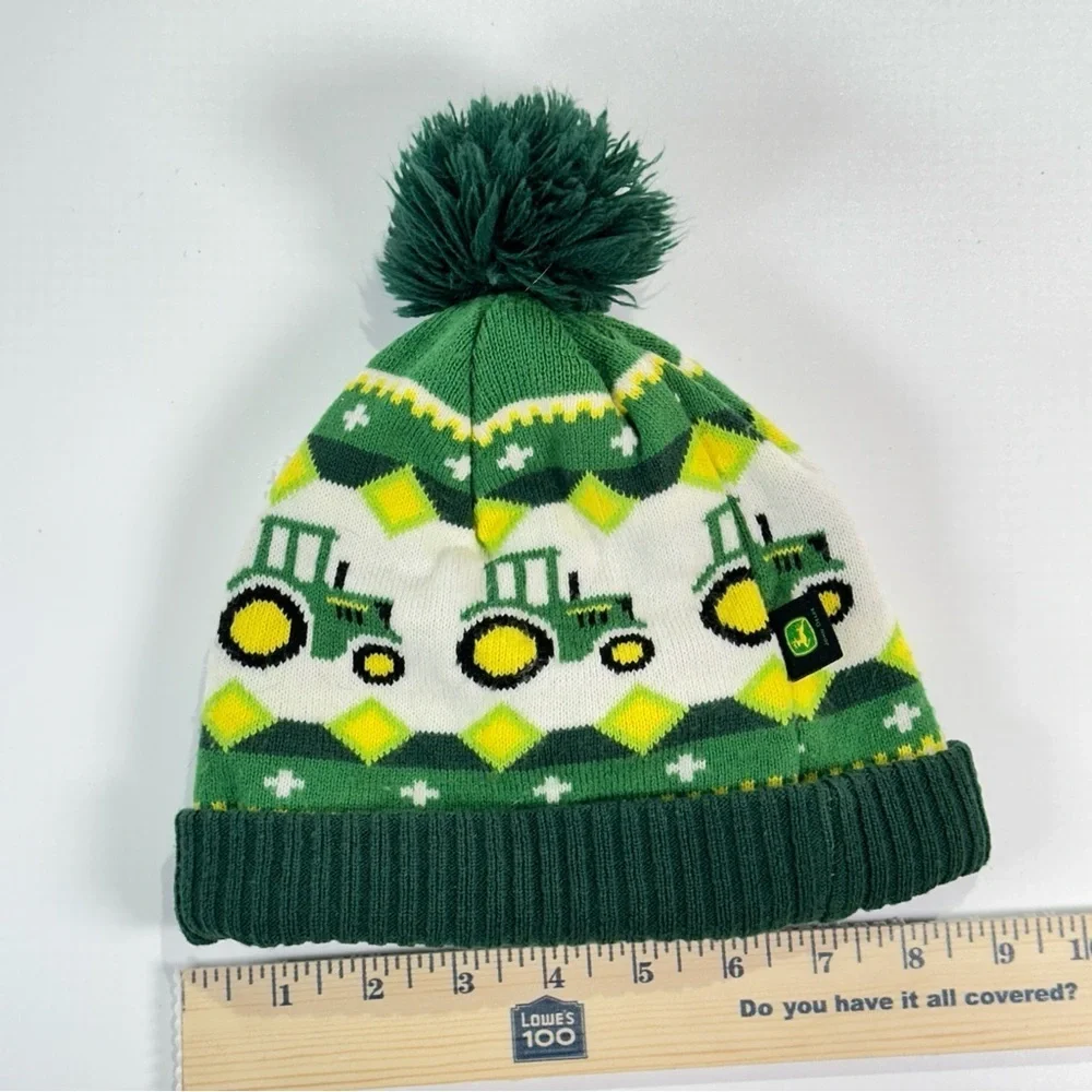 John Deere Kids Beanie Tractor Knit Winter Hat Pom Green